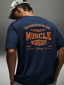 Gym Rark Men's Round Neck Short Sleeve Letter Print Casual Sports T-Shirt Top, Summer, Gym - Navy Blue - View 1
