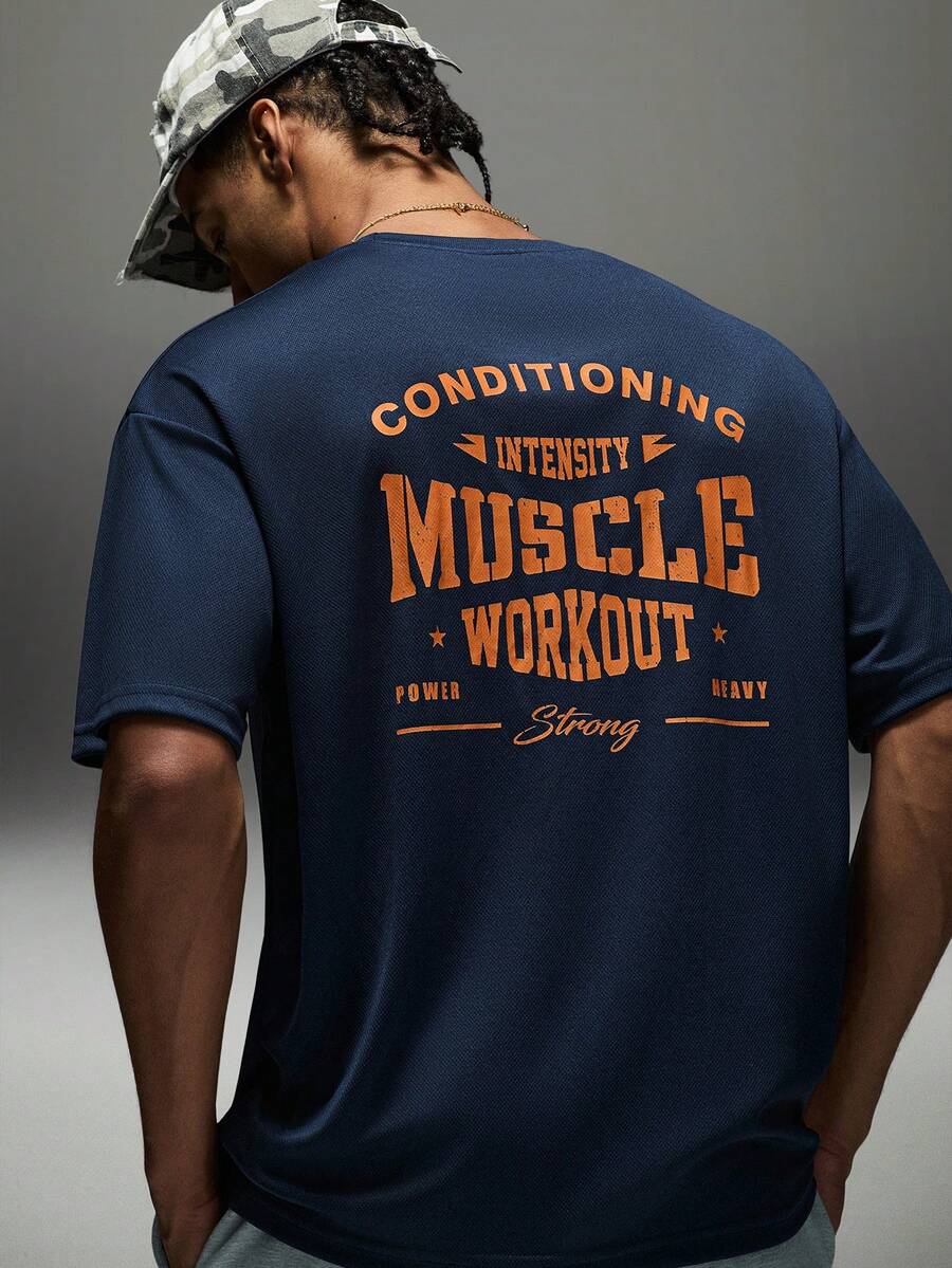 Gym Rark Men's Round Neck Short Sleeve Letter Print Casual Sports T-Shirt Top, Summer, Gym - Navy Blue - View 1