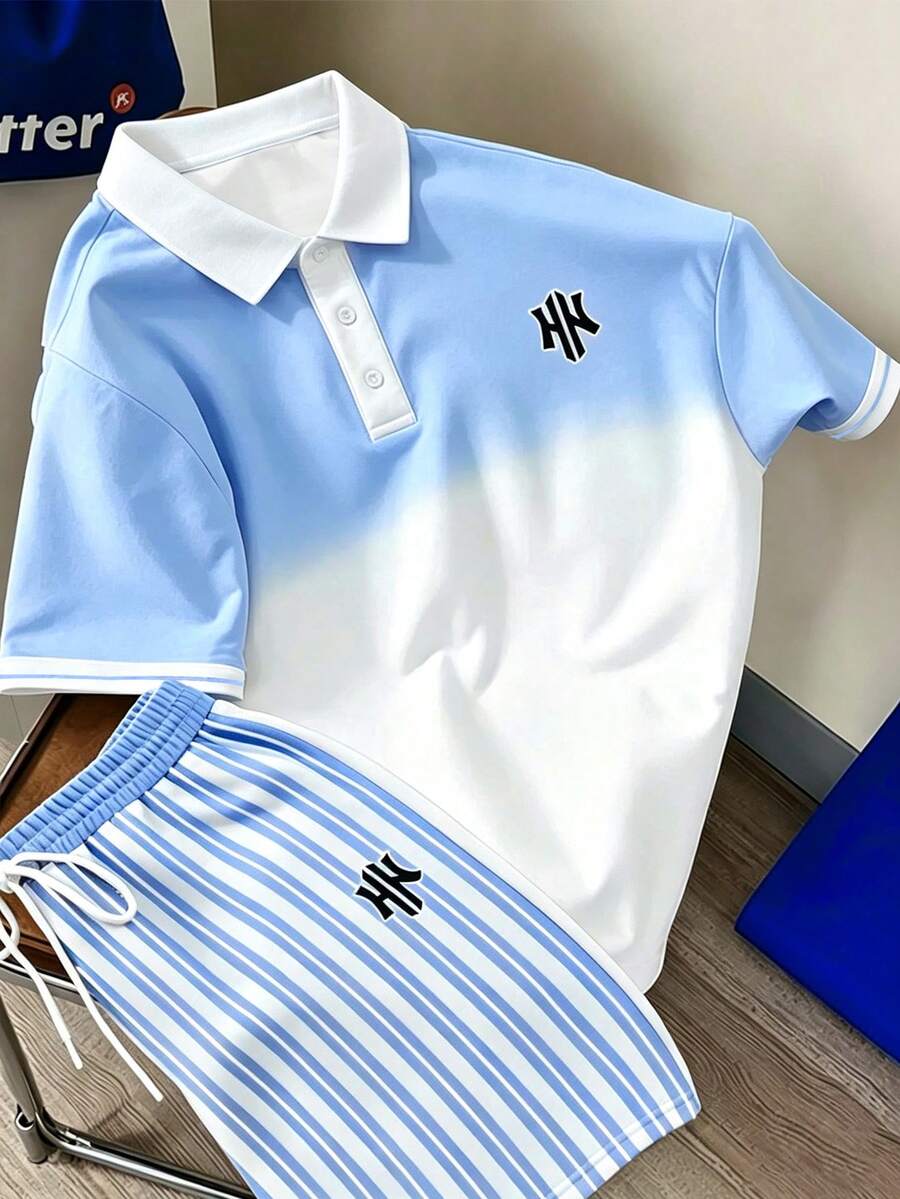 Manfinity Hypemode Men's Gradient Blue & White HK Embroidered Striped Shorts Casual POLO Set - Multicolor - View 1