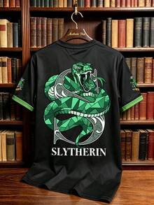 HARRY POTTER X SHEIN Manfinity Campus Court 中性印花短袖T恤 黑色條紋休閒街頭風圖案上衣 適合粉絲、學校活動、派對、假期度假，男女通用夏季款 - 彩色 - 查看 2