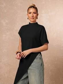 Lumalex Women's Solid Color Asymmetrical Hem Top - Black - View 5