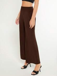 SHEIN BASICS 女款純色時尚百搭寬鬆寬腿褲 夏季女裝套裝 - 棕色 - 查看 3