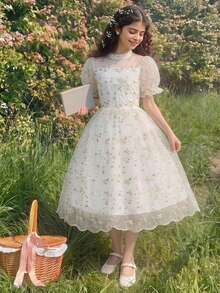 Wedding Season Girls' Elegant Tulle Embroidered Petal Sleeve Cinched Waist Fluffy Dress, Ball Gown For Dance, Performance, Party, Birthday - White - View 3