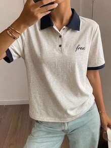 DAZY Spring/Summer Dark Textured Patchwork Contrast Color Commuter Elegant Girly Women's T-Shirt - Grey - View 7