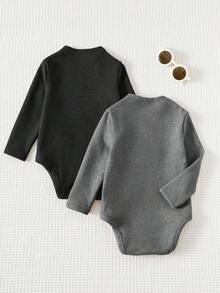 Cozy Pixies Baby Mädchen einfarbig Kontrast Strick weich Stehkragen Langarm Herbst Winter Bodysuit 2er Set - Schwarz - Übersicht 2