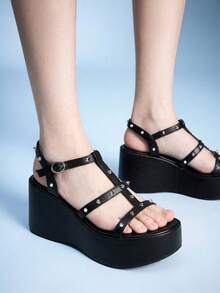 Sugerpunk Women Shose Women's Fashion Platform Wedge Sandals, Spring And Autumn Summer Punk Style Buckle Middle Help Cross Rivet Inlaid Design Open-Toed Sandals, Nightclub Commuting Easy Travel - Black - View 9