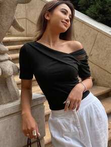DAZY Contrast Mesh Asymmetrical Neck Tee Going Out Tops - Black - View 1