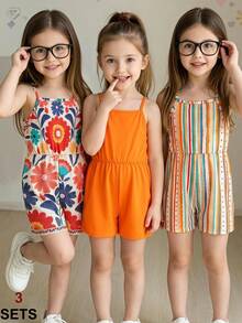 SHEIN Elladie kids 3件套女童夏季新款印花纯色连体短裤，简约时尚度假风连体裤 - 彩色 - 查看 3