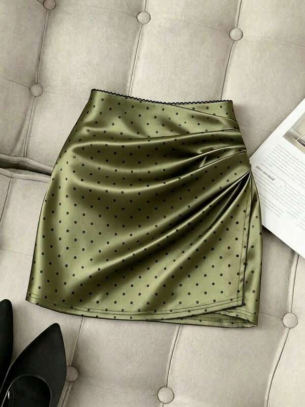 Franclia Women Summer Polka Dots Winter Elegant Date Night Satin Asymmetrical Skirt,High-Waisted Bodycon Midi Skirt,Business Office Work Wear