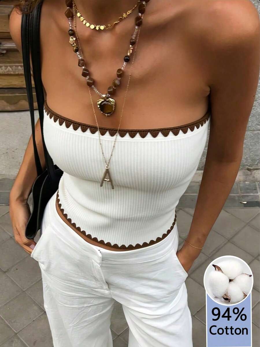 Cévolie 女款拼色休閒百搭日常穿搭抹胸上衣 - 白色 - 查看 1