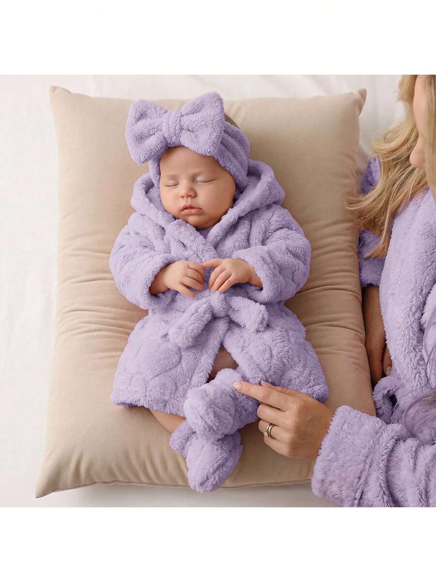 SHEIN Newborn Baby Winter Comfortable Long Sleeve Hooded Robe Loungewear - Mauve Purple - View 1