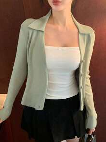 DAZY Women's Solid Color Single-Breasted Casual Versatile Daily Long Sleeve Cardigan - Green - View 4