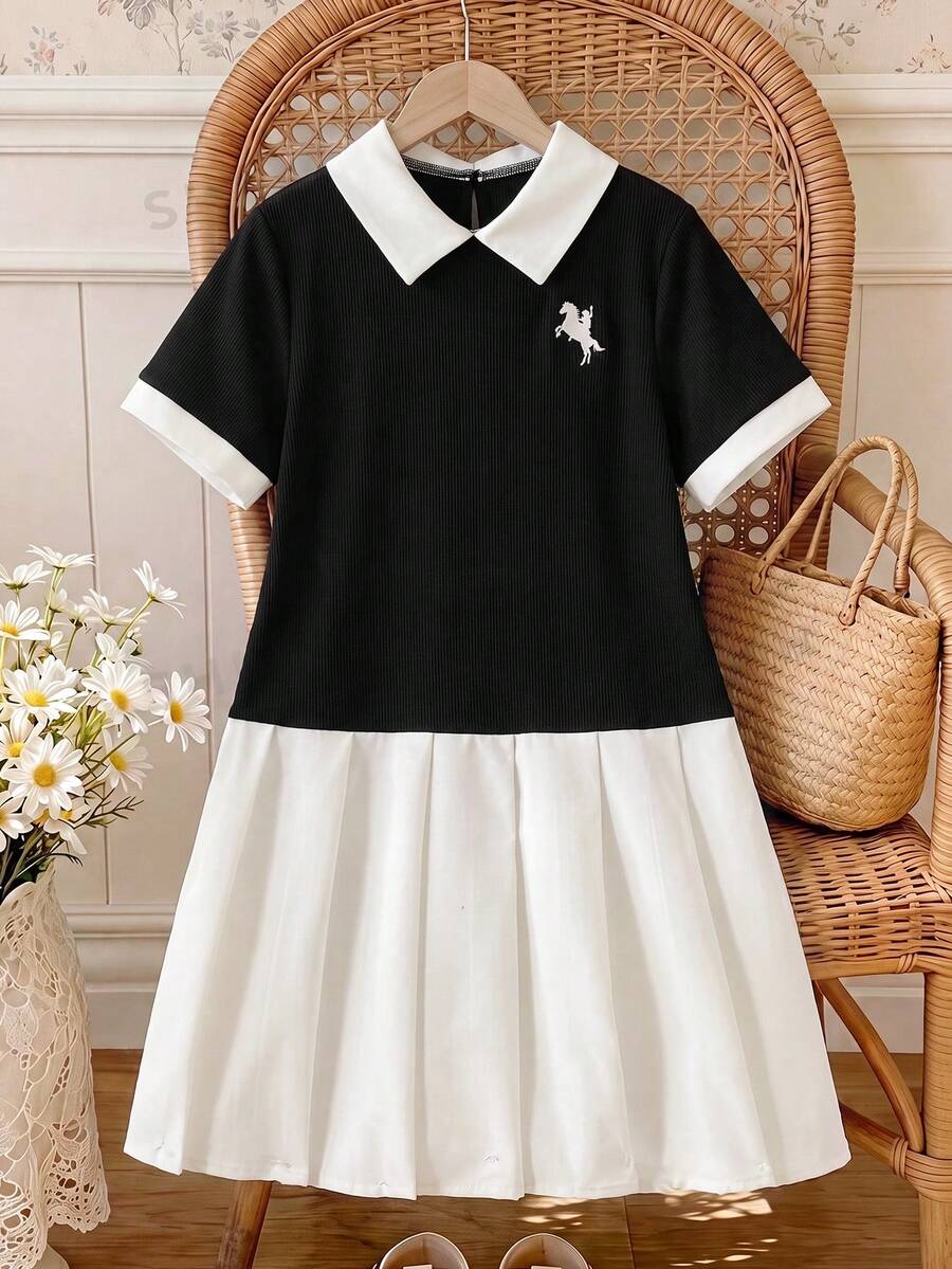 SHEIN Tween Girl Casual Comfortable Stand Collar Contrast Color Ribbed Solid Color Dress, Back To School, Princess Dress, Suitable For Graduation Prom, Birthday Party, Y2K, Fashion Street Style, Sweet Cool Girl Kids - Black - View 1