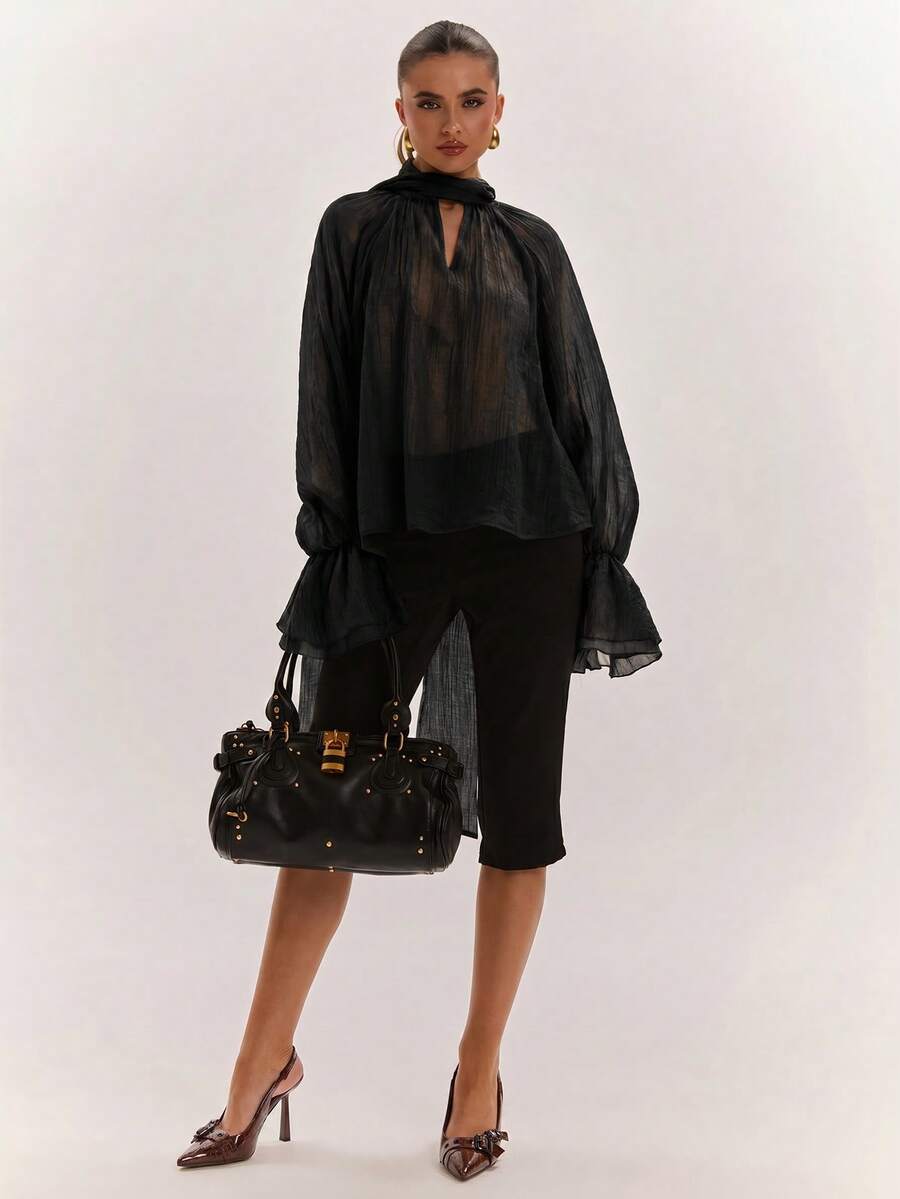 SHEIN BAE 女款時尚通勤純色蝴蝶結上衣 - 黑色 - 查看 1