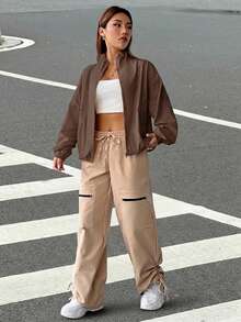 SHEIN EZwear 女款素色立領拉鍊時尚百搭日常旅行長袖夾克 - 咖啡棕 - 查看 6
