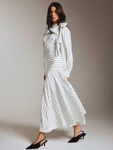 COSMINA Women's Casual French Modest Elegant And White Tie Decor Long Sleeve Dress, Office Tea Party Commute Outfit Teachers' Day Autumn Striped Dress - Black and White - View 6