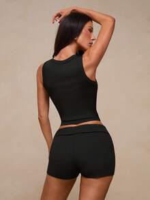 Glamine Black Deep V-Neck Sleeveless Ribbed High Elastic Button-Front Sports Tank Top & Shorts Set, Running Workout Athletic Outfit, High Elastic Yoga Wear - Black - View 7