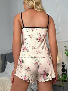 Softscene Floral Print Contrast Binding Lettuce Trim PJ Set / Pajama Set - Beige - View 2