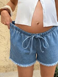 SHEIN Pregnant Women's Solid Color Front Button Round Neck Casual Denim Shorts Summer Festival Graduation Going Out Elegant Casual Formal - Blue - View 7
