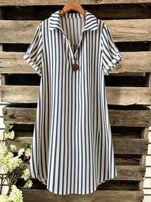 EMERY ROSE Nuevo vestido casual largo con botones, cuello en V y rayas, holgado para mujeres - Azul Marino - Ver 4
