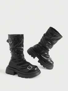 Sugerpunk Women's Fashion Versatile Chain Decor Thick Sole Wedge Ankle Boots - Black matte - View 3