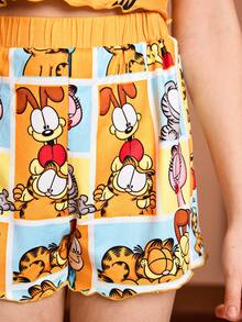 GARFIELD | SHEIN 青少年女孩夏季休閒卡通印花萵苣邊背心上衣和短褲睡衣套裝 - 黃色 - 查看 11