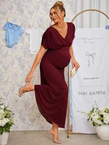 Loomaby Elegant Solid Color Maternity Party Dress - Burgundy - View 12