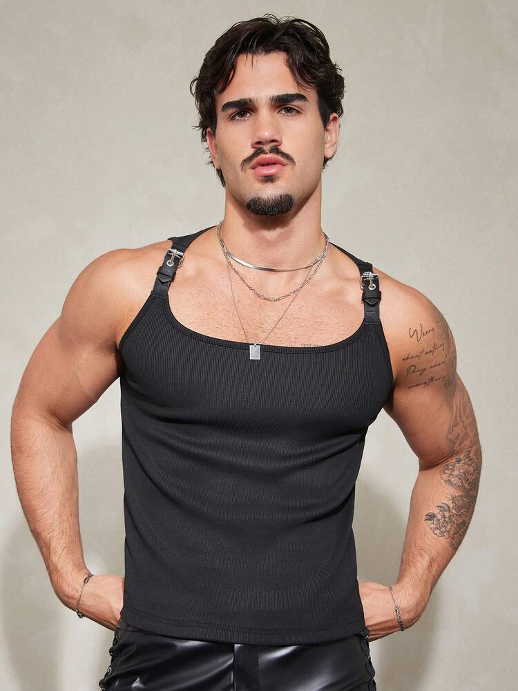 FeverCity Men's Solid Color Casual Rave Versatile Daily Outing Night Top Black Summer - Black - View 4