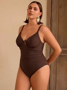 Shapewave Plus Size Women Solid Color Special Fabric Spaghetti Strap Underwire One-Piece Swimsuit Beach Party Summer Brown Sexy Elegant Modest - Brown - View 9