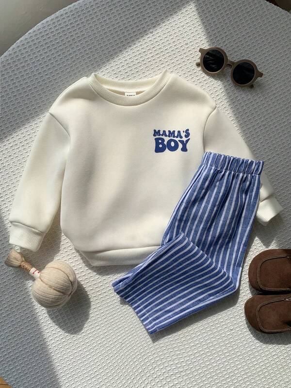 2pcs Unisex Baby Boy/Girl Baby Boy Autumn/Winter Casual Cute Slogan Sweatshirt And Striped Long Pants Set, Infant Boy Clothing Set, Infant Boy Autumn/Winter Clothing, Soft, Streetwear