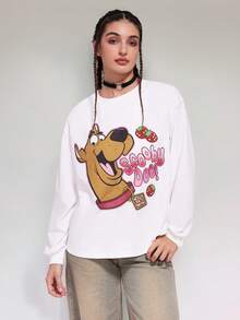SCOOBY-DOO X SHEIN Kaos Wanita Lengan Panjang Putih Leher Bulat Motif Anjing dengan Stroberi, Lucu, Musim Gugur/Semi - Aprikot - View 3