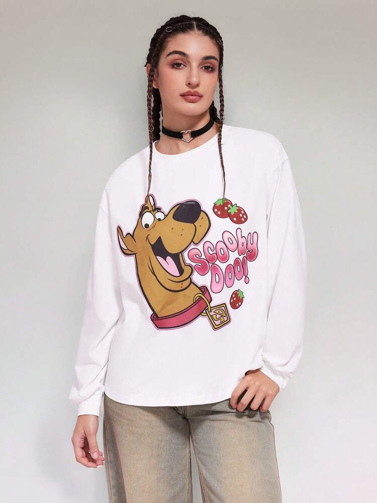 SCOOBY-DOO X SHEIN 女式休闲卡通狗印花圆领长袖 T 恤，秋季 - 杏色 - 查看 3
