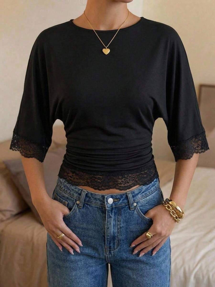 Aloruh Black Knitted Lace Trim Women's T-Shirt - Black - View 1