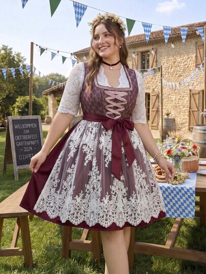 SHEIN Frenchy Gaun Festival Bir Wanita Ukuran Plus dengan Desain Ikatan Renda Kontras, Dilengkapi Lapisan Jala dan Garis Leher Bentuk Hati. Gaun Oktoberfest
