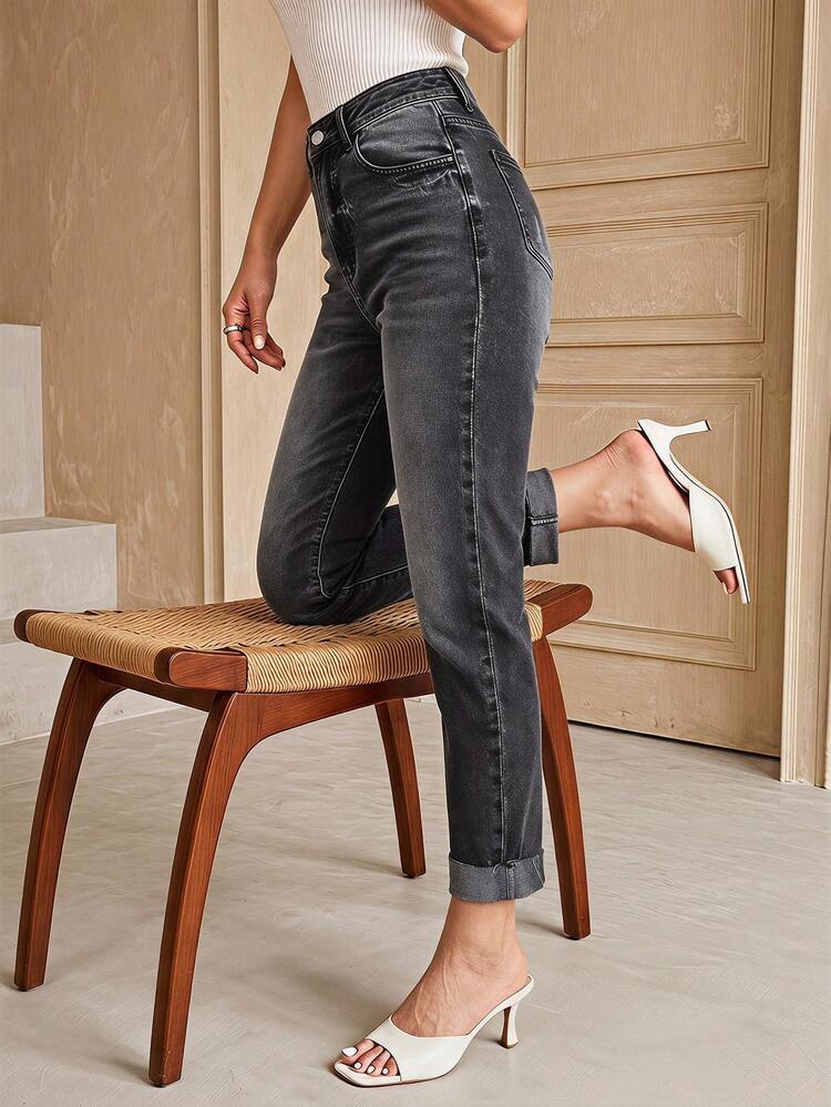 Selenza Casual Washed High Waist Denim Jeans - Black - View 8