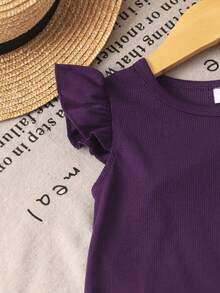 SHEIN 女童短袖上衣 + 復古小碎花寬腿褲 2件套，低飽和森系風格，適合日常穿著，7歲生日夏季紫色 - 紫色 - 查看 4
