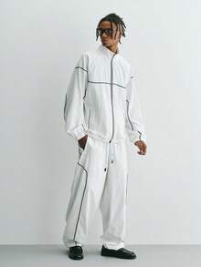 Sonviro Men's Contrast Trim Zip-Up Jacket And Drawstring Waist Pants Casual Suit - White - View 1