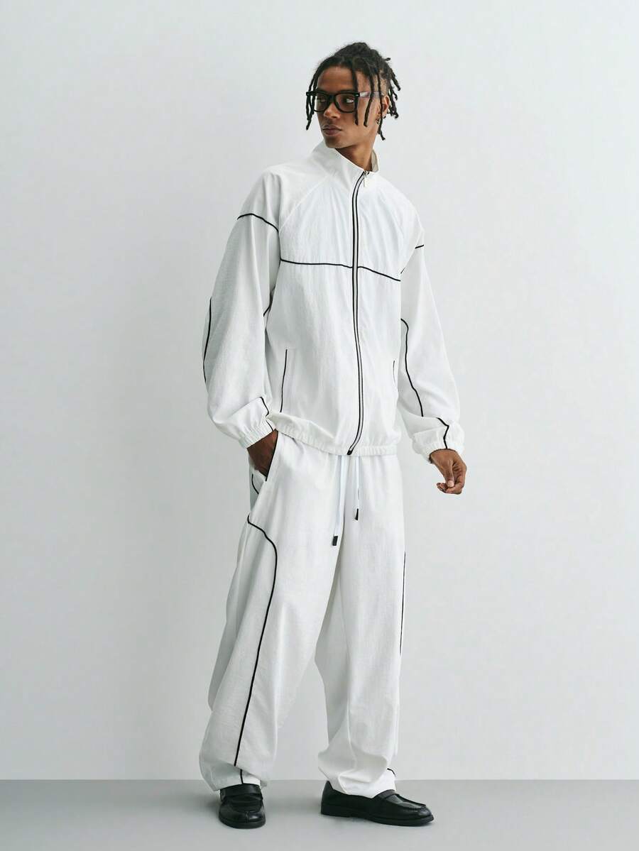 Sonviro Men's Contrast Trim Zip-Up Jacket And Drawstring Waist Pants Casual Suit - White - View 1