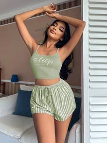 SHEIN Letter Graphic Cami Top & Striped Shorts PJ Set / Pajama Set Holiday Season - Green - View 5