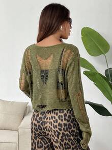 SHEIN EZwear 休閒不對稱破洞女款毛衣 - 軍綠色 - 查看 2