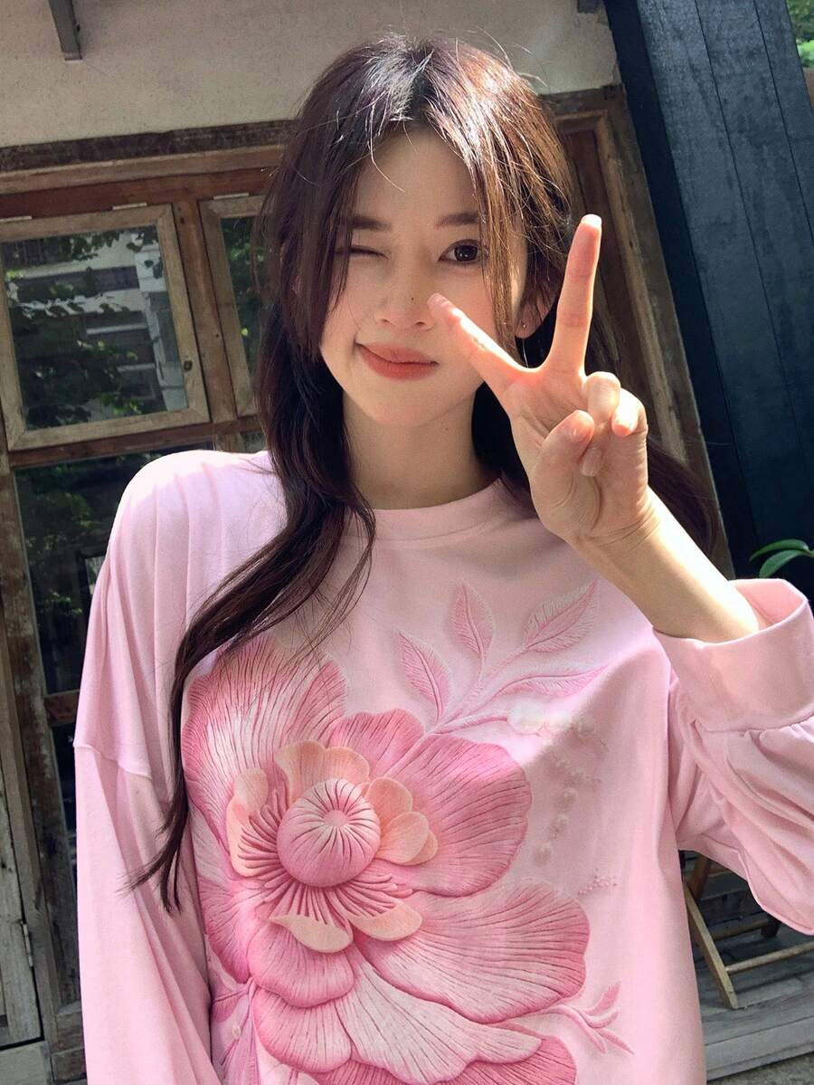 DAZY 女款花卉印花圓領休閒落肩長袖T恤 秋季 - 粉色 - 查看 1