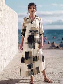Faunlyn Women's Colorblock Shirt Collar Rolled Sleeve Casual Loose Long Dress Vacation Summer Casual Dresses For Women Going Out Dress - Multicolor - View 8