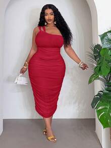 Slaydiva Plus Size Women Solid Color One Shoulder Ruched Casual Party Dress - Red - View 3