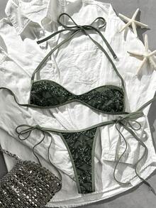 Costavie Swim Vcay 兩件式比基尼套裝，春夏海灘度假，亮片紋理布料，掛脖平口上衣搭配側綁繩丁字褲，性感 - 軍綠色 - 查看 1
