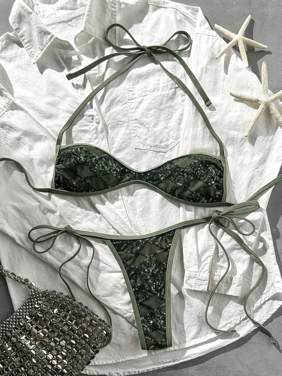 Costavie Swim Vcay 兩件式比基尼套裝,春夏海灘度假,亮片紋理布料,掛脖平口上衣搭配側綁繩丁字褲,性感 - 軍綠色 - 查看 1