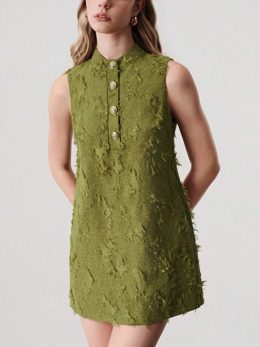 Aveloria Modichic Heavy-Duty Tassel Jacquard Fabric, Elegant Design Button Decor Sleeveless Minimalist Versatile Short Mini Dress - Green - View 1
