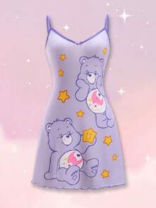 SHEIN X Care Bears 女款五角星印花休閒細肩帶睡裙 - 紫色 - 查看 1