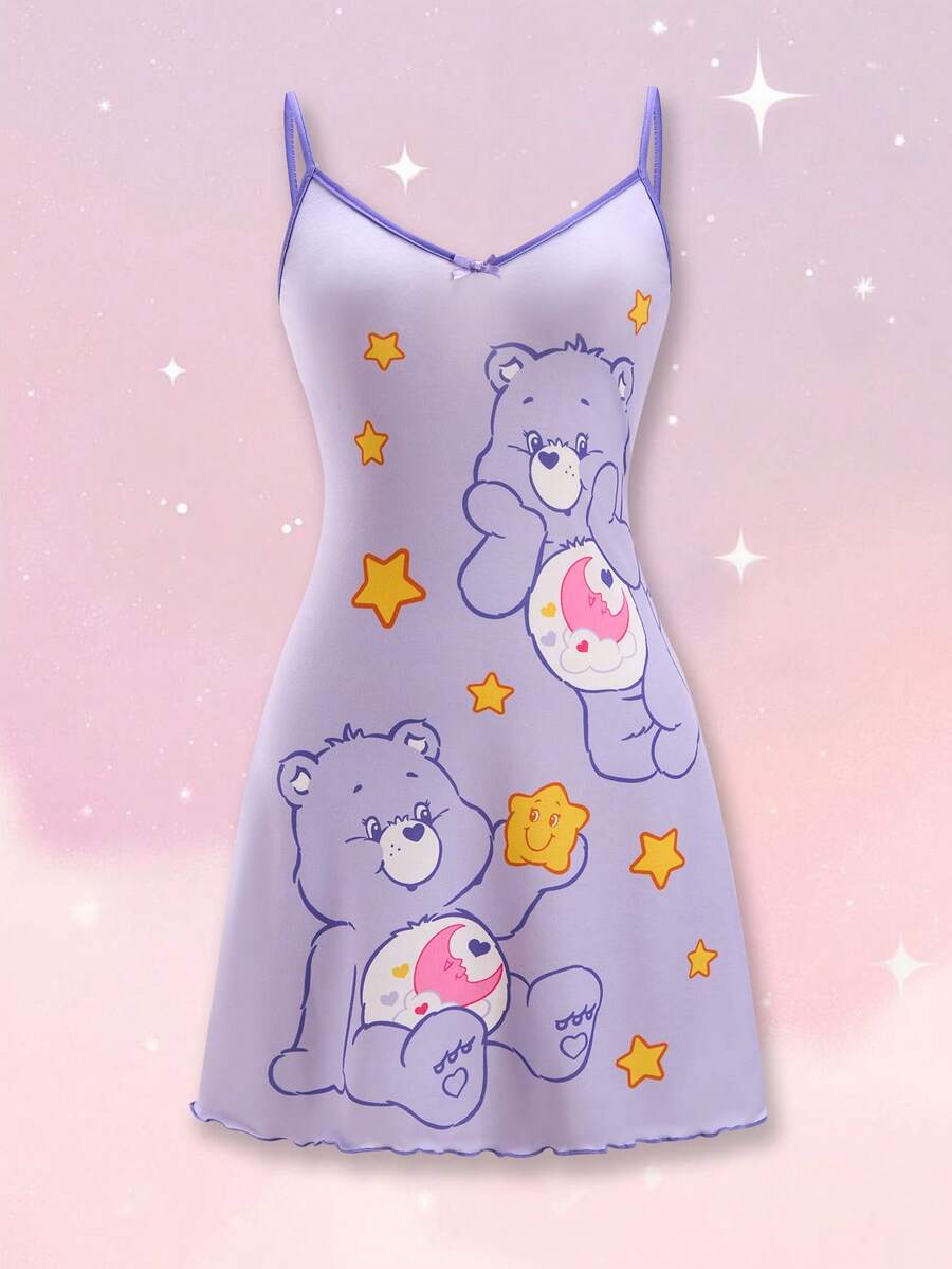 SHEIN X Care Bears 女款五角星印花休閒細肩帶睡裙 - 紫色 - 查看 1