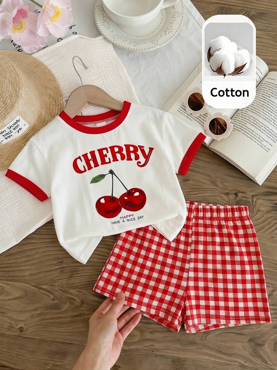 LMoss Kids Set Baju Atasan Lengan Pendek dan Celana Pendek Pinggang Elastis Motif Ceri Merah Muda Kasual Lucu untuk Bayi Perempuan - MultiWarna - View 1