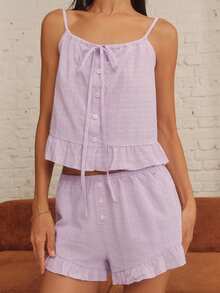 lacRébo Lilac Pajama Set With Tie-Front Cami Top, Button-Front Detail And Matching Ruffled Shorts Cotton - Purple - View 6
